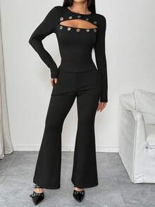 Chiquease Women's Black Sexy Casual Knit Long Sleeve Jumpsuit With Eyelet Collar Decoration - Black - View 3