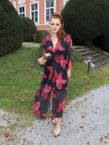 Gretanique Vestido de flores con estampado, hendidura alta y ajuste en la cintura para mujer, ideal para el Día de San Valentín - Negro - Ver 6