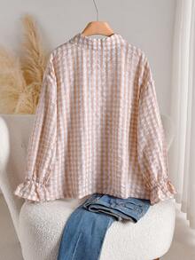 CosyJoli 大码女式休闲格子长袖衬衫，秋季款 - 杏色 - 查看 2