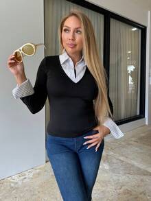 Cioccolato 女士时尚二合一拼布长袖 T 恤，春夏 - 黑色 - 查看 4