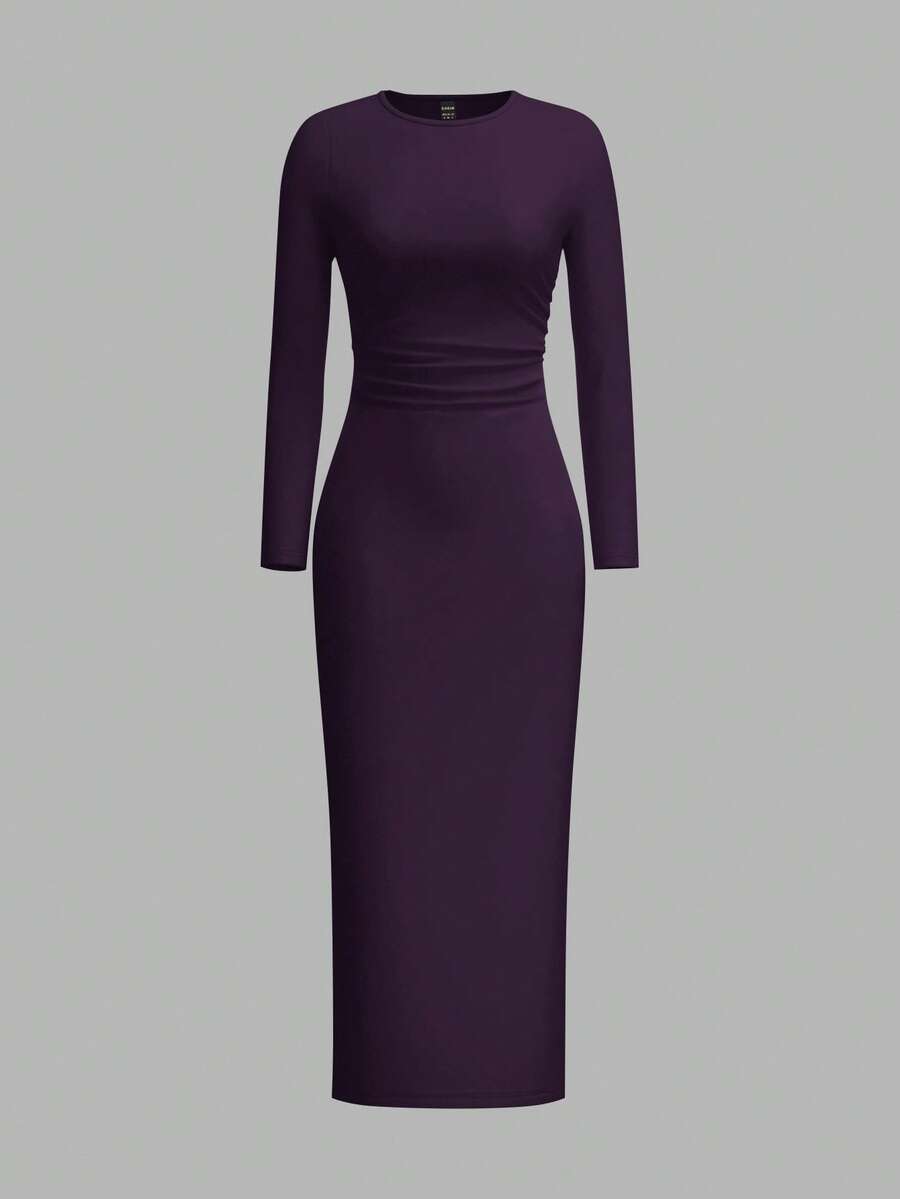 SHEIN EZwear 加大码女式长袖圆领修身休闲派对连衣裙,黑色 - 紫色 - 查看 1