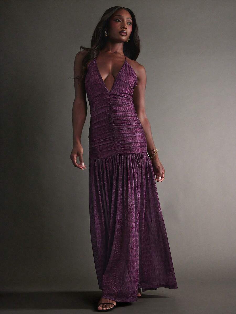 Hauture Sexy Party Night Out Animal Print Deep Plunge Ruched Halter Open Back Maxi Dress - Purple - View 1