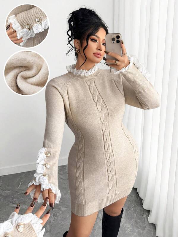 Elenzga 大码优雅精致甜美蕾丝边饰毛衣连衣裙