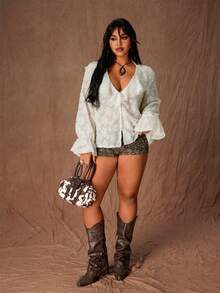 Sunspun Blusa plus size sexy e elegante com decote em V, babados em jacquard e mangas compridas, ideal para festas, Dia dos Namorados e encontros românticos. - Damasco - Ver 6