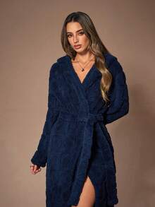 女士纯色蓬松浴袍，冬季 - 藏蓝色 - 查看 7