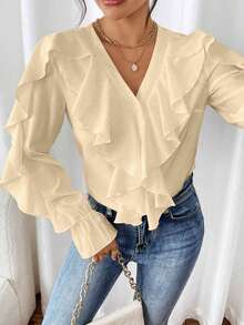 SHEIN Clasi Camisa de manga larga con botones, cuello y puños con volantes de unicolor - Amarillo claro - Ver 5