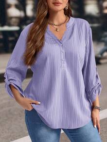 EMERY ROSE Plus Size Solid Color Notched Neck Roll Up Sleeve Casual Blouse ,Winter Clothes V Neck Blouses For Women Purple Blouse Women - Mauve Purple - View 8