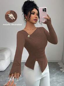 Elenzga Áo thun nữ trơn màu thanh lịch, không đối xứng, mùa thu - Cà phê nâu - Xem 3