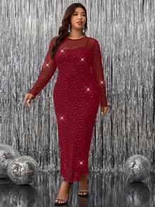 Gownix Bộ váy dài tay lưới mỏng đính đá Rhinestone trang trí cỡ lớn và váy ngủ - Màu Đỏ Sâu - Xem 6