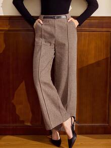 Vintamour 复古经典优雅女士长裤，修身提花格纹长裤，带腰带环和口袋，棕色，秋冬款 - 棕色 - 查看 5