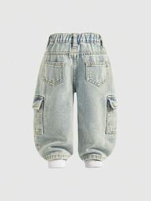 SHEIN Playful Pals 男婴时尚街头休闲水洗工装口袋宽松浅蓝色牛仔裤 - 淺色水洗藍 - 查看 2