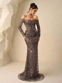 Coutiva 优雅秋冬亮片串珠露肩/单肩长袖两件套，搭配美人鱼裙摆，正式晚礼服，适合婚礼宾客、毕业典礼、生日派对、秋冬派对、音乐节等场合。 - 棕色 - 查看 6