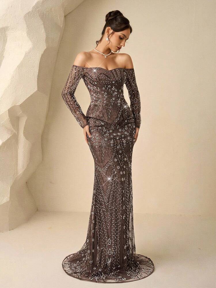 Coutiva فستان سهرة رسمي أنيق للخريف والشتاء، مكون من قطعتين: قميص كتف واحد أو منحرف الكتف مطرز بالترتر والخرز، وتنورة ذيل سمكة، مناسب لفستان ضيف الزفاف، فستان حفل التخرج، فستان عيد الميلاد، فستان حفلة الخريف والشتاء، فستان مهرجان الموسيقى - بني - مشاهدة 5