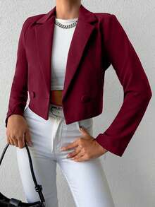 SHEIN Cottnline Women's Solid Color Long Sleeve Two-Button Short Casual Blazer - Burgundy - View 1