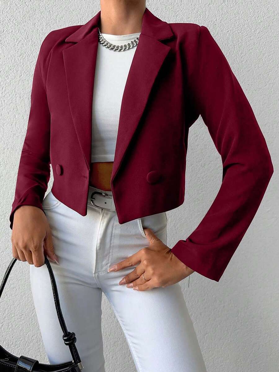 SHEIN Cottnline Women's Solid Color Long Sleeve Two-Button Short Casual Blazer - Burgundy - View 1