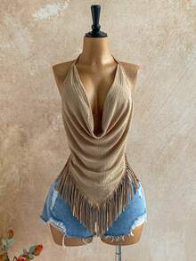 Áo thun cổ yếm dệt kim họa tiết thường ngày dành cho nữ Soleia, không tay có viền tua rua, thích hợp mặc đi biển, ngày lễ, hẹn hò, đám cưới, lễ hội âm nhạc, phong cách Boho, Hippie, có thể mặc trong nhà hoặc ngoài trời, mặc được trong mọi mùa - Màu Khaki - Xem 6