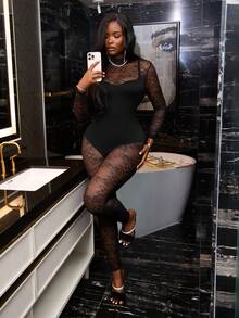 Slaydiva Women's Sexy Lace Long Sleeve Bodysuit - Black - View 5