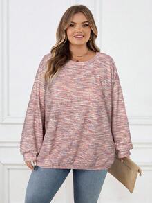 SHEIN CURVE+ 大码女式彩色华夫格针织套头卫衣，秋冬季 - 粉色 - 查看 6