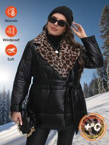 SHEIN LUNE Plus Size Quilted Coat With Leopard Furry Collar, Thick Black Top, Stylish New Year Christmas Winter - Black - View 2