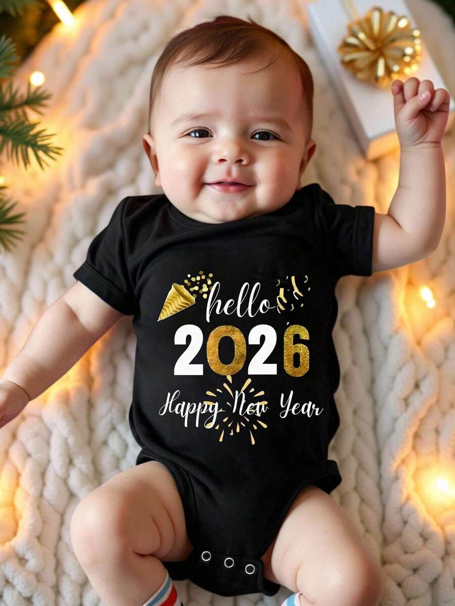 2026新年快乐!男婴休闲时尚创意个性化清新可爱简约数字丝带皇冠图案字母标语印花宽松基础款圆领短袖连体衣,舒适的男婴新年服装 - 黑色 - 查看 1