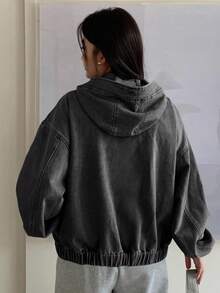 Dazy Plus Light Wash Denim Hooded Zip-Up Jacket, Loose Lantern Sleeve, Cinched Hem, Plus Size Women Outerwear