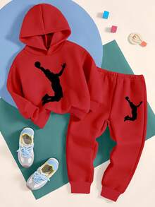 GraphicGems 2pcs/Set Young BoyBasketball Graphic Print Red Hoodie Sweatshirt And Red Pants Outfit, Casual Sports Suit For 4-7 Years Old Boys, Suitable For Autumn, Winter, Spring