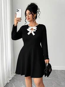 Elenzga Black Long Sleeve Dress With White Bow, Comfortable And Versatile, Suitable For Commuting And Casual Wear, Plus Size, Autumn/Winter - Black - View 6