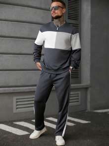 Manfinity Homme Men's Contrast Color Crew Neck Pullover Sweatshirt With Pockets And Sweatpants Set,2 Pieces Light Grey Autumn Baggy Gym Jogger Tracksuit Sweat Suit - Grey - View 4