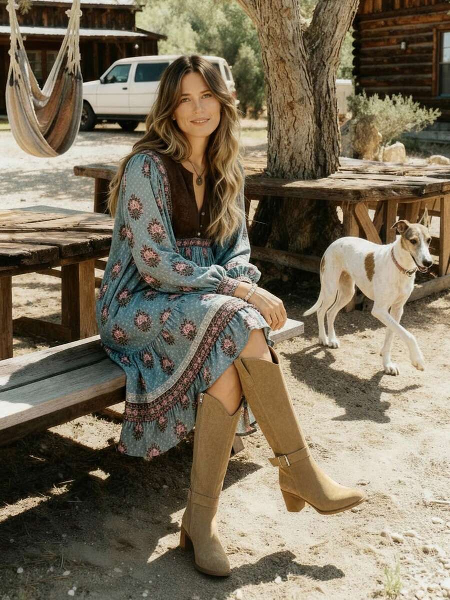 Styleloop Bottes hautes à la mode pour femmes, design à bout carré et talon épais, couleur chocolat unicolore, fermeture éclair latérale avec décoration de multi-sangles, polyvalentes pour jupes, jeans, manteaux, convient pour l'automne/l'hiver, Halloween, fête de Noël, bottes longues pour femmes