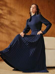 Anewsta Váy midi tay bồng buộc eo bèo nhún thanh lịch dành cho nữ, giản dị và sang trọng cho buổi hẹn hò, mùa thu/đông - Màu xanh hải quân - Xem 4