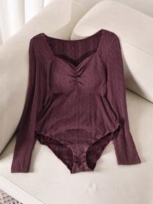 CosyJoli Plus Size Casual Textured Washed Snow Floral Lace Patchwork Heart Neck Long Sleeve Bodysuit - Rose Red - View 3