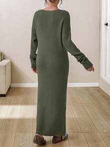 EURMUSE Boat Neck Ribbed Knit Midi Dress – Earthy Brown | Oversized Fit With Textured Stitch - Army Green - View 2