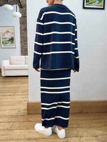 EURMUSE Women Stripe Pattern Collar Neck Drop Shoulder Pullover & Sweater Skirt Set - Navy Blue - View 2