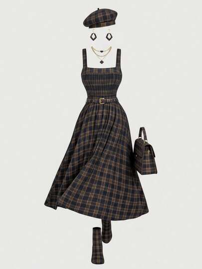 SHEIN MOD Plus Size Women's Brushed Plaid Slip Dress, Casual, Elegant, Suitable For School, Commute, Birthday Party,Plaid Strap Dress , Teacher Dress,Casual Dress,Fall Dresses,Long Dress, Retro Dresses For Woman, Cottage Core Dress, Vintage Dresses For Women, Plaid Dress Women