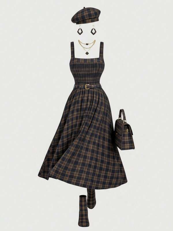 SHEIN MOD Vestido camisero de mujer talla grande con estampado a cuadros, informal, elegante, adecuado para la escuela, el trabajo y fiestas de cumpleaños