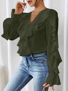 SHEIN Clasi 优雅通勤纯色荷叶边长袖衬衫 - 橄欖綠 - 查看 6