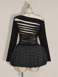 SHEIN ICON Plus Size Women's Autumn/Winter Fashion Sexy Avant-Garde Bold Punk Style Black Backless Ripped Slim Fit T-Shirt And Black And Gray Striped Tulip Skirt Casual Set - Black - View 1
