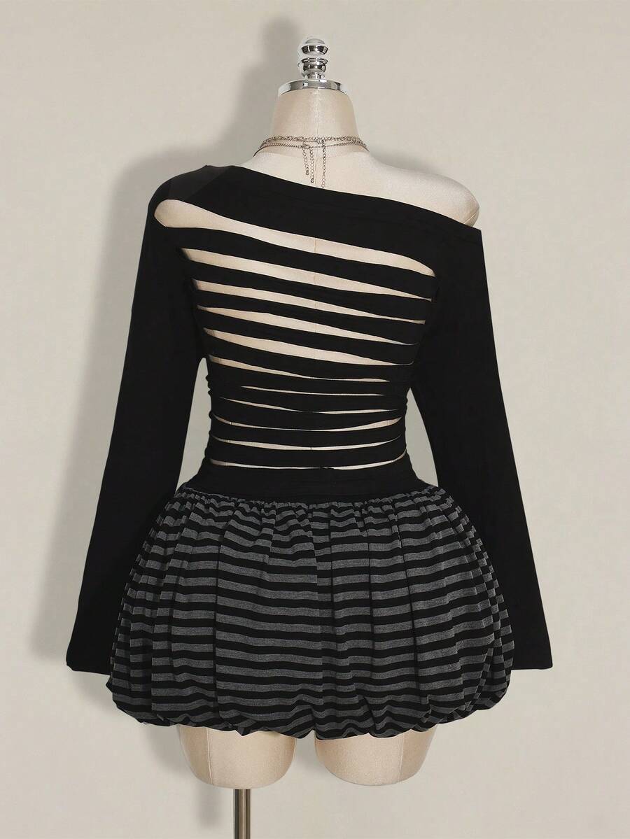 SHEIN ICON Plus Size Women's Autumn/Winter Fashion Sexy Avant-Garde Bold Punk Style Black Backless Ripped Slim Fit T-Shirt And Black And Gray Striped Tulip Skirt Casual Set - Black - View 1