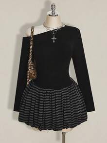 SHEIN ICON Plus Size Women's Autumn/Winter Fashion Sexy Avant-Garde Bold Punk Style Black Backless Ripped Slim Fit T-Shirt And Black And Gray Striped Tulip Skirt Casual Set - Black - View 2