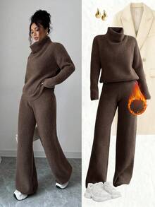 Elenzga Elegant Casual Loose Camel Long Sleeve Knit Sweater And Pants Two Pieces Set, Suitable For Commuting, Autumn/Winter - Camel - View 1