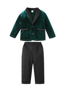 Set de 2 piezas: Chaqueta de blazer de terciopelo verde y pantalones negros para niño pequeño, traje de caballero, adecuado para interior, exterior, diario, deportes, juego, fiesta, sesión de fotos, boda, bautizo, elegante, invitado de boda, paje, niño de las argollas, boda, festival, Halloween, Navidad, Año Nuevo en primavera/verano/otoño/invierno
