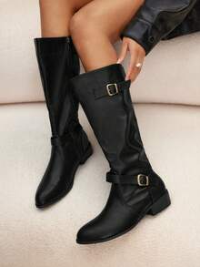 Daringsoles Women's Buckle Design Fashion Everyday Pleated Chunky Heel Knee-High Boots - Black - View 1