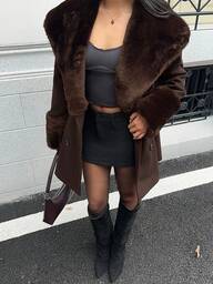 SHEIN SunnyBelle Cappotto in lana da donna di alta gamma, con colletto in pelliccia sintetica nera e maniche a contrasto, vestibilità slim, stile business casual di moda europea e americana