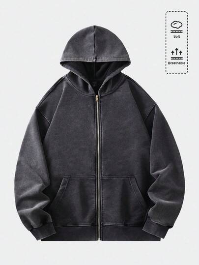 Casual Street Style Washed Zip-Up Hoodie For Teen Boys, Autumn