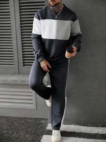 Manfinity Homme Men's Contrast Color Crew Neck Pullover Sweatshirt With Pockets And Sweatpants Set,2 Pieces Light Grey Autumn Baggy Gym Jogger Tracksuit Sweat Suit - Grey - View 3