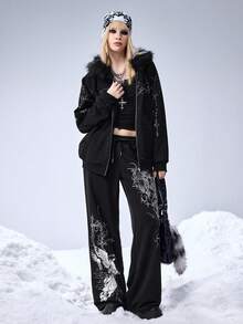 ROMWE EDITION Kpop Punk Style Oversized Blade Chain Print Zipper Sweatshirt For Women - Black - View 3