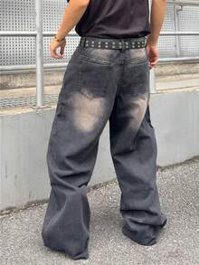 ROMWE MEN Men's Washed Embroidered Pattern Loose Baggy Jeans - Black - View 2