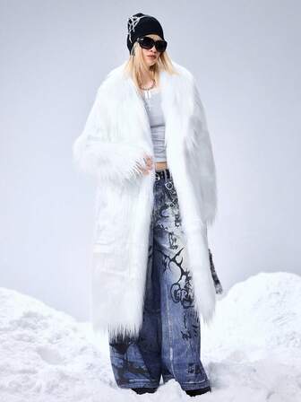 Grunge Punk Veste longue oversize en fausse fourrure Y2K