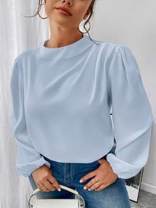 SHEIN Privé 大码女士优雅通勤办公百搭立领褶皱肩长袖衬衫，秋冬款 - 淺藍色 - 查看 6