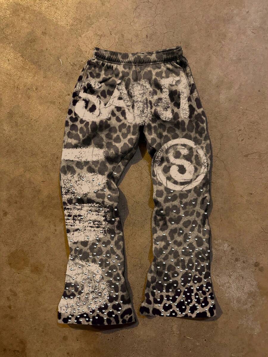 SHEIN Quần dài thường ngày họa tiết da báo cạp chun có chữ trang trí đá pha lê cho nữ - Nhiều màu - Xem 1